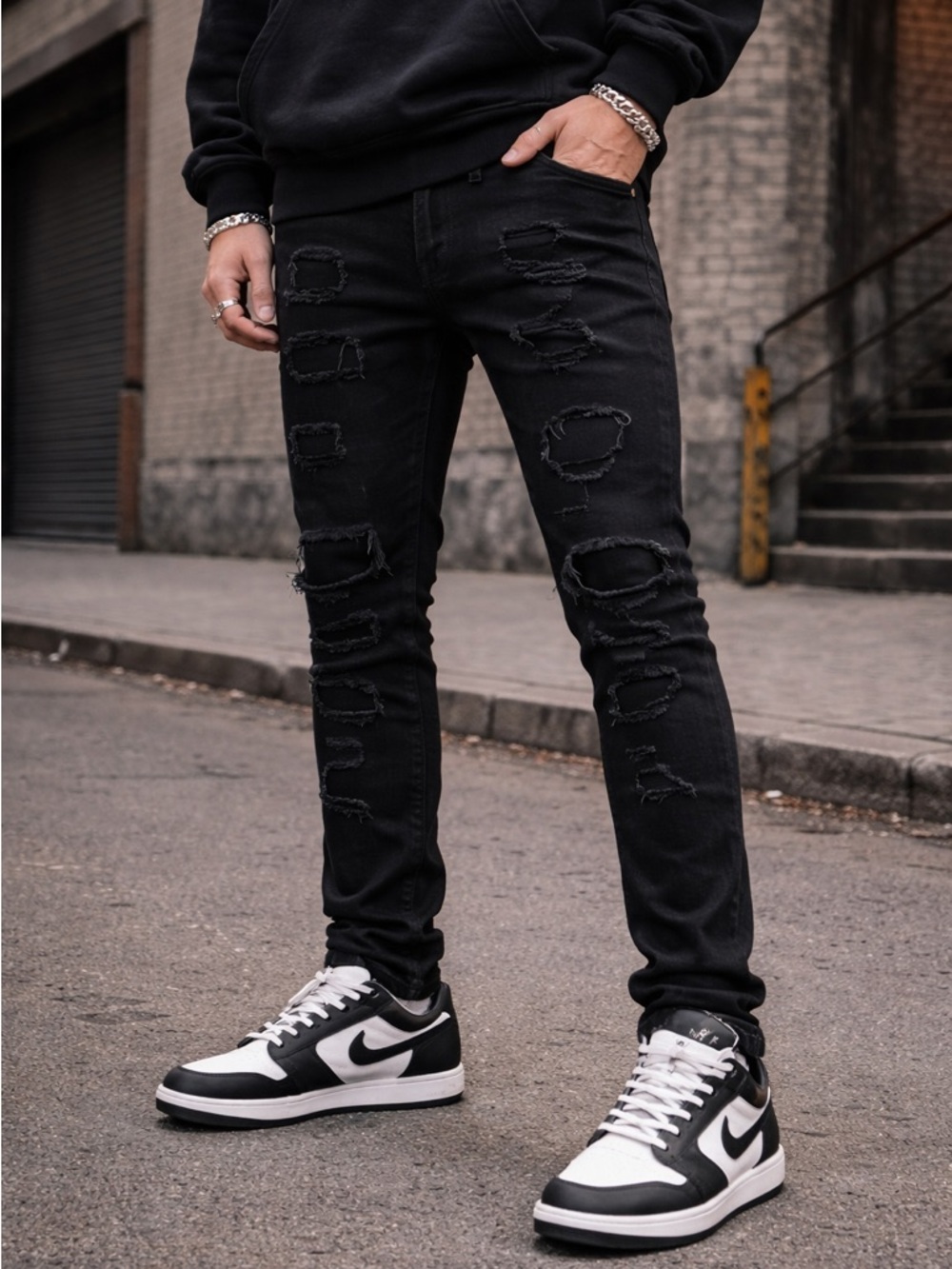 KDNK Black Distressed Skinny Jeans Streetwear Size 32x32
